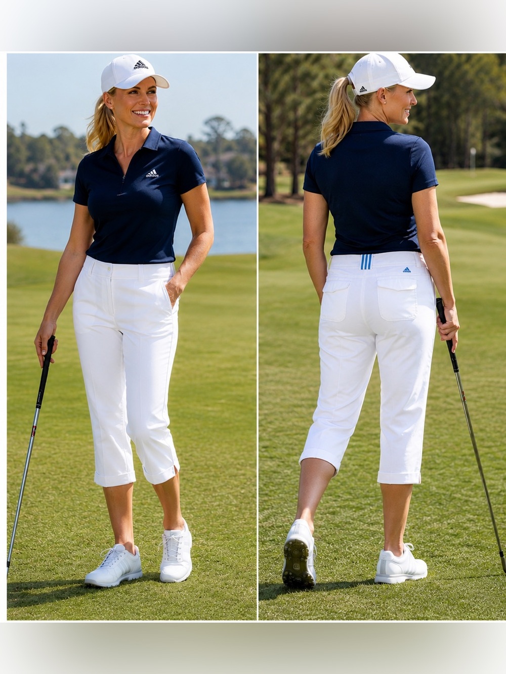 Adidas ClimaLite White Golf Capri Pants Blue Stripe Roll Tab Size 12 NWOT
